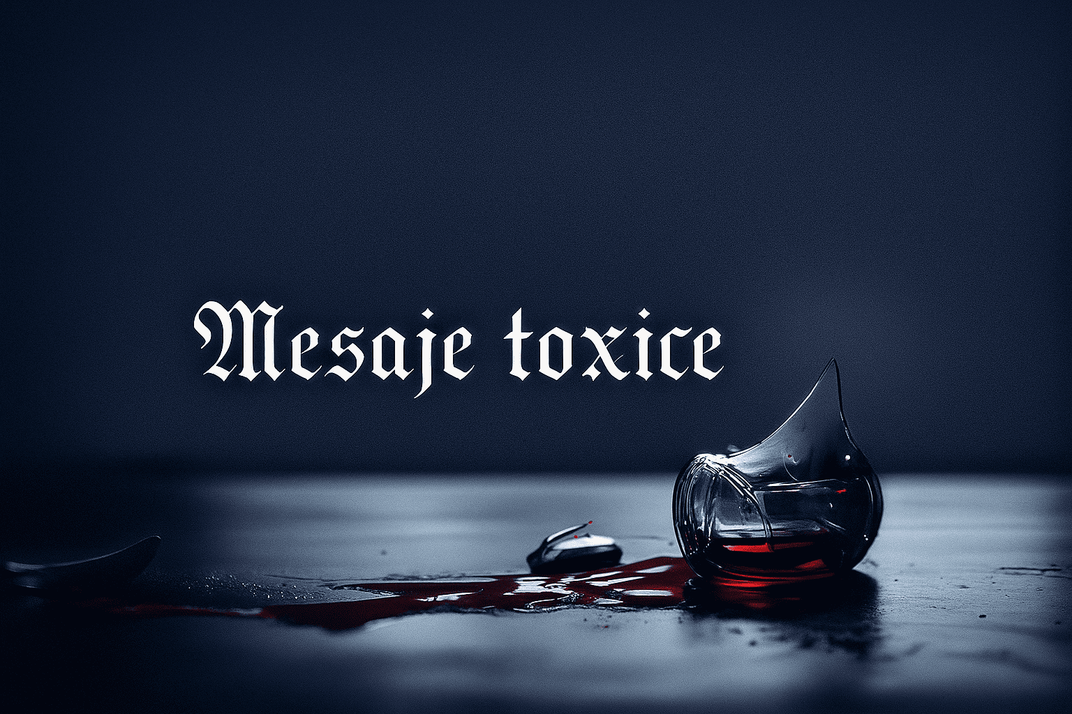 Sticlă de vin cu sângerare și reflexii în scena întunecată, simbolizând toxinele și pericolul.